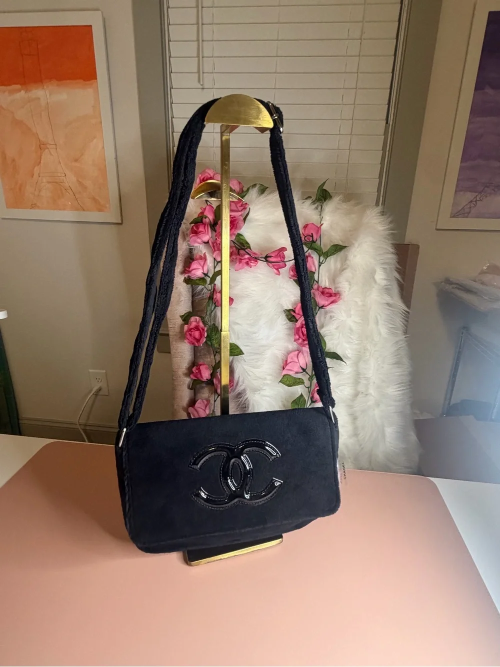Chanel Black Fluffy Terry Cloth Flap Shoulder Bag w/ Black CC Logo UNUSED